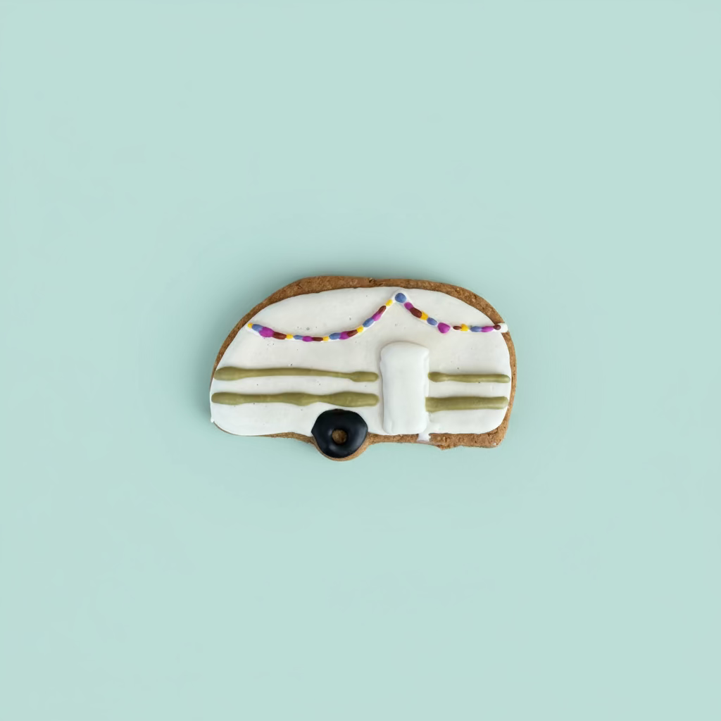 Decorative cookie shaped like a camper with white icing, green sticks, and colorful beads