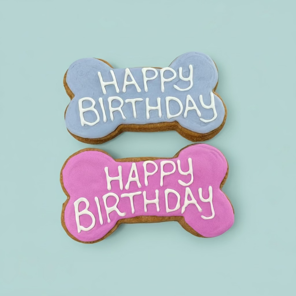Two bone-shaped cookies with 'Happy Birthday' text 