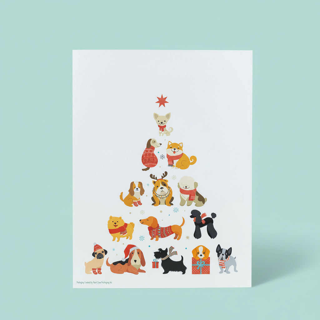 Illustration of a Christmas tree made of dogs on a white background