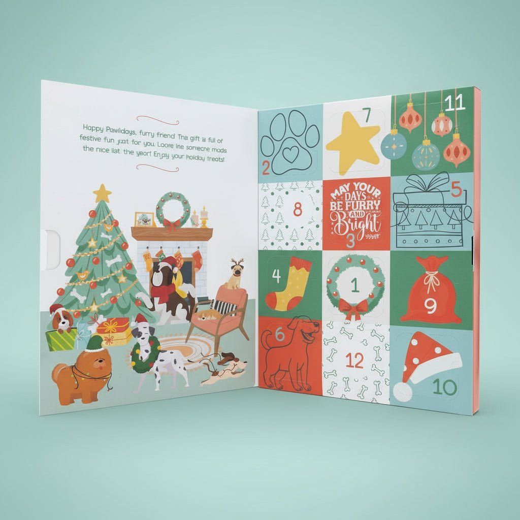 Advent calendar with festive illustrations of dogs and Christmas elements on a white background