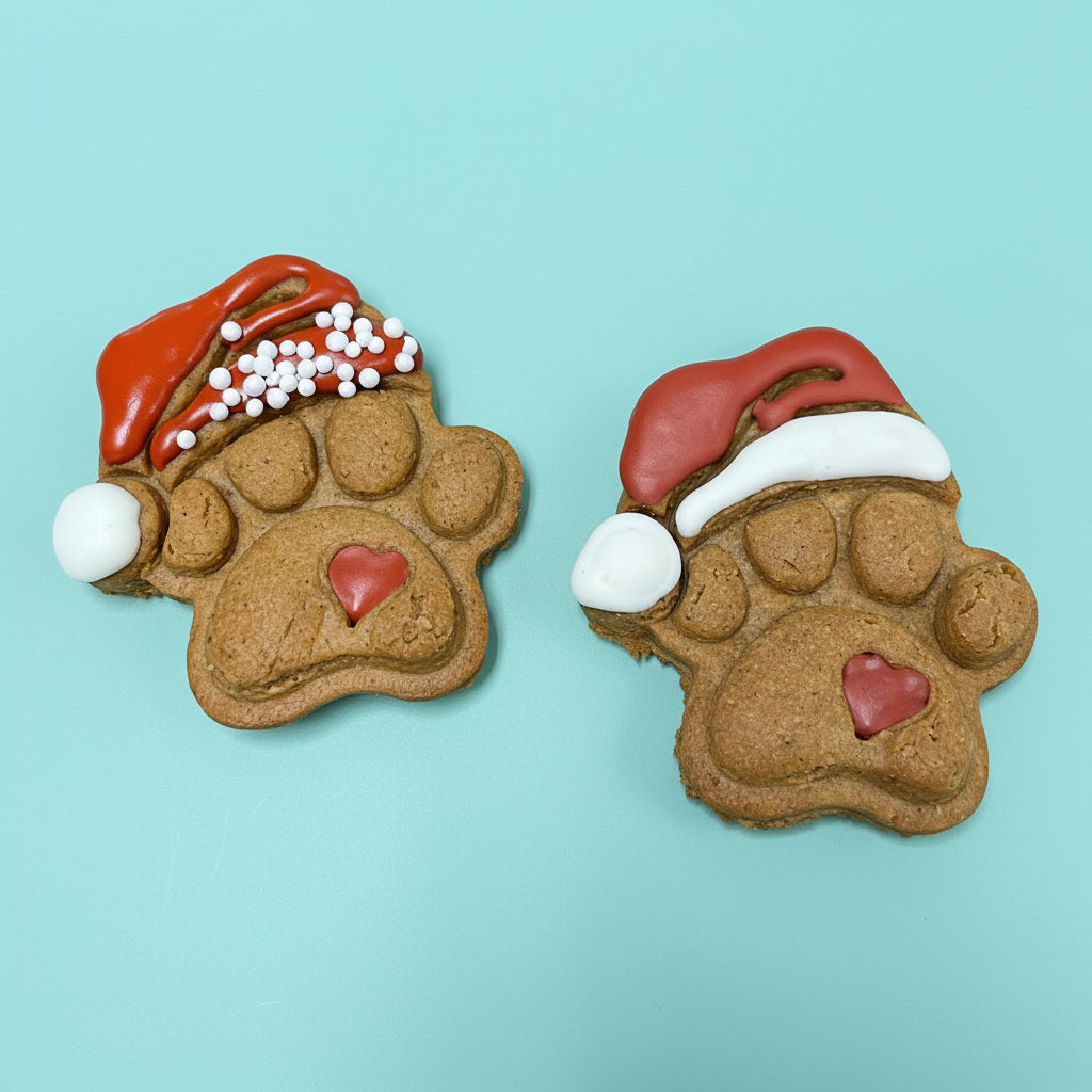 Two gingerbread cookies shaped like paw prints with Santa hats 