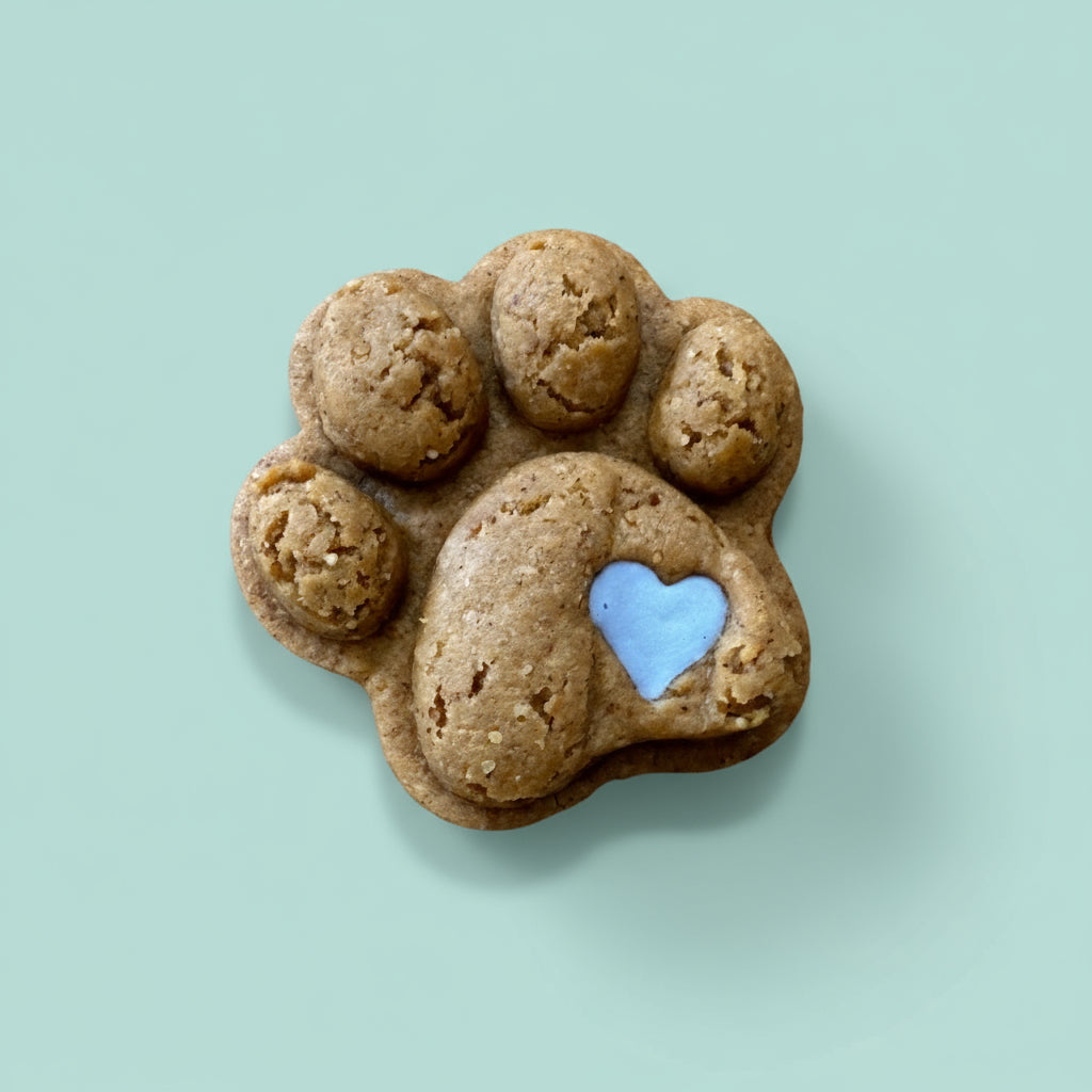 Paw-shaped cookie with a blue heart 
