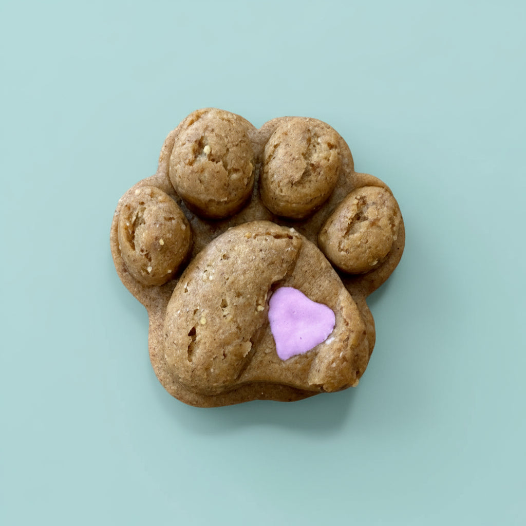 Dog treat shaped like a paw with a purple heart 