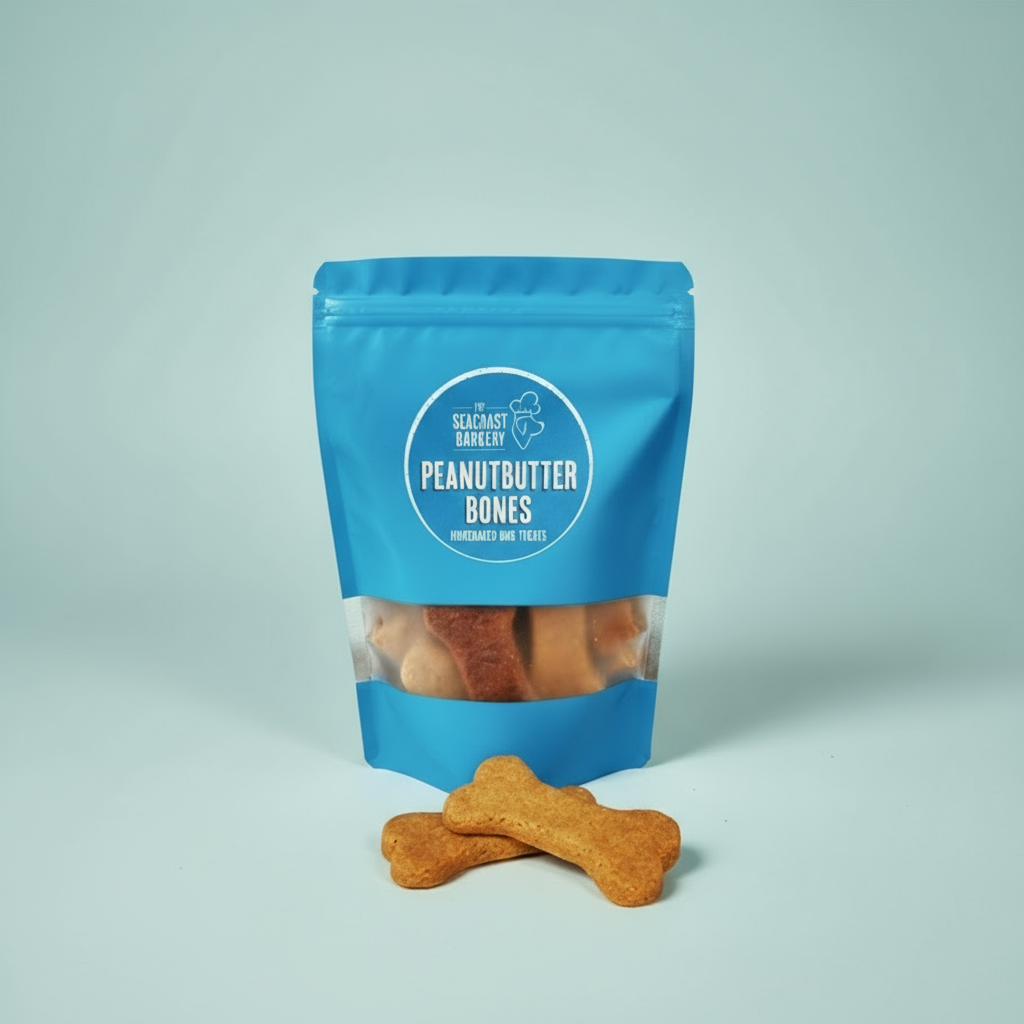 Blue package of Peanut Butter Bones dog treats with a visible treat on a wooden surface.