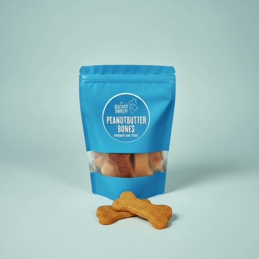 Blue package of Peanut Butter Bones dog treats with a visible treat on a wooden surface.